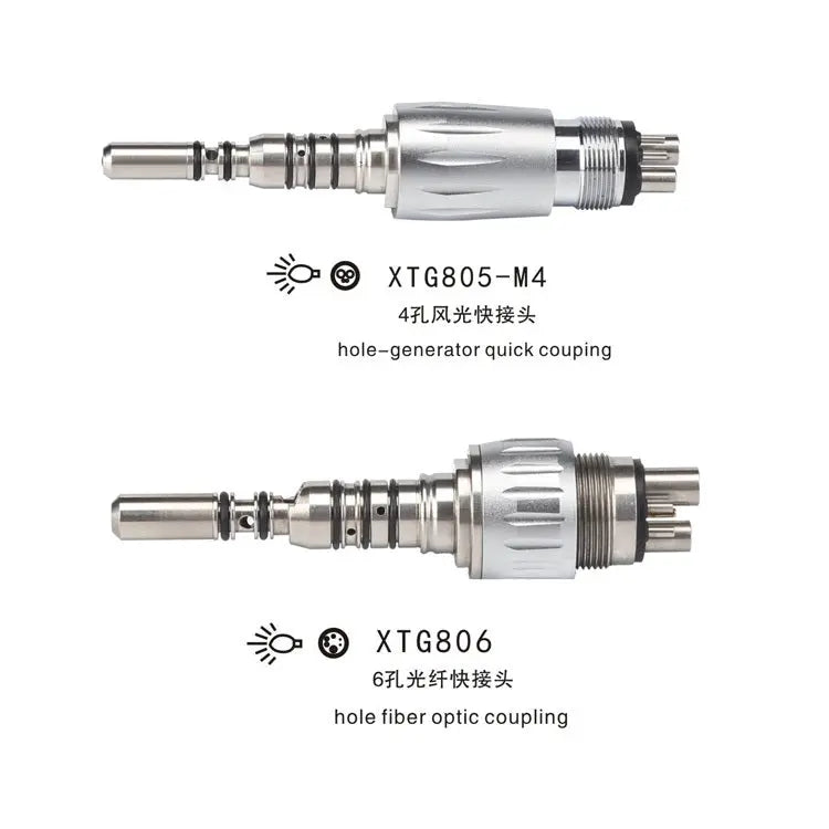 45 degree optical fiber quick coupling handpiece shown in two models: XTG805-M4 hole-generator quick coupling and XTG806 hole fiber optic coupling. Both feature sleek silver design with multiple components for precise dental work.