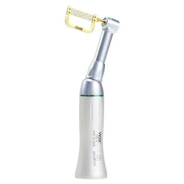 4:1 IPR contra angle handpiece with silver body and angled gold head. Dental tool for precise tooth reduction and interproximal enamel removal in orthodontic procedures. Features a slim design for easy maneuverability and patient comfort.