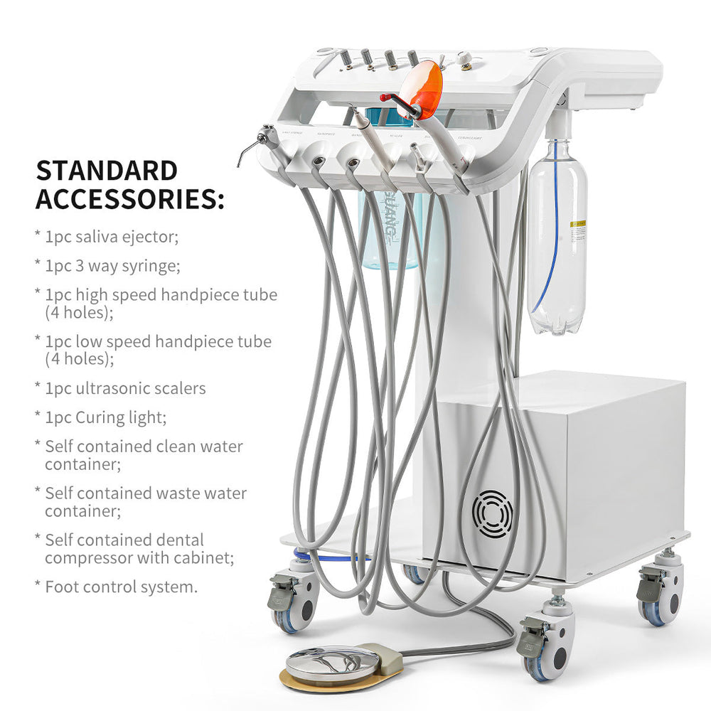 Portable Dental Mobile Cart Delivery Unit 4 Holes with Air Compressor Built-in Woodpecker Ultrasonic Scaler & Curing Light