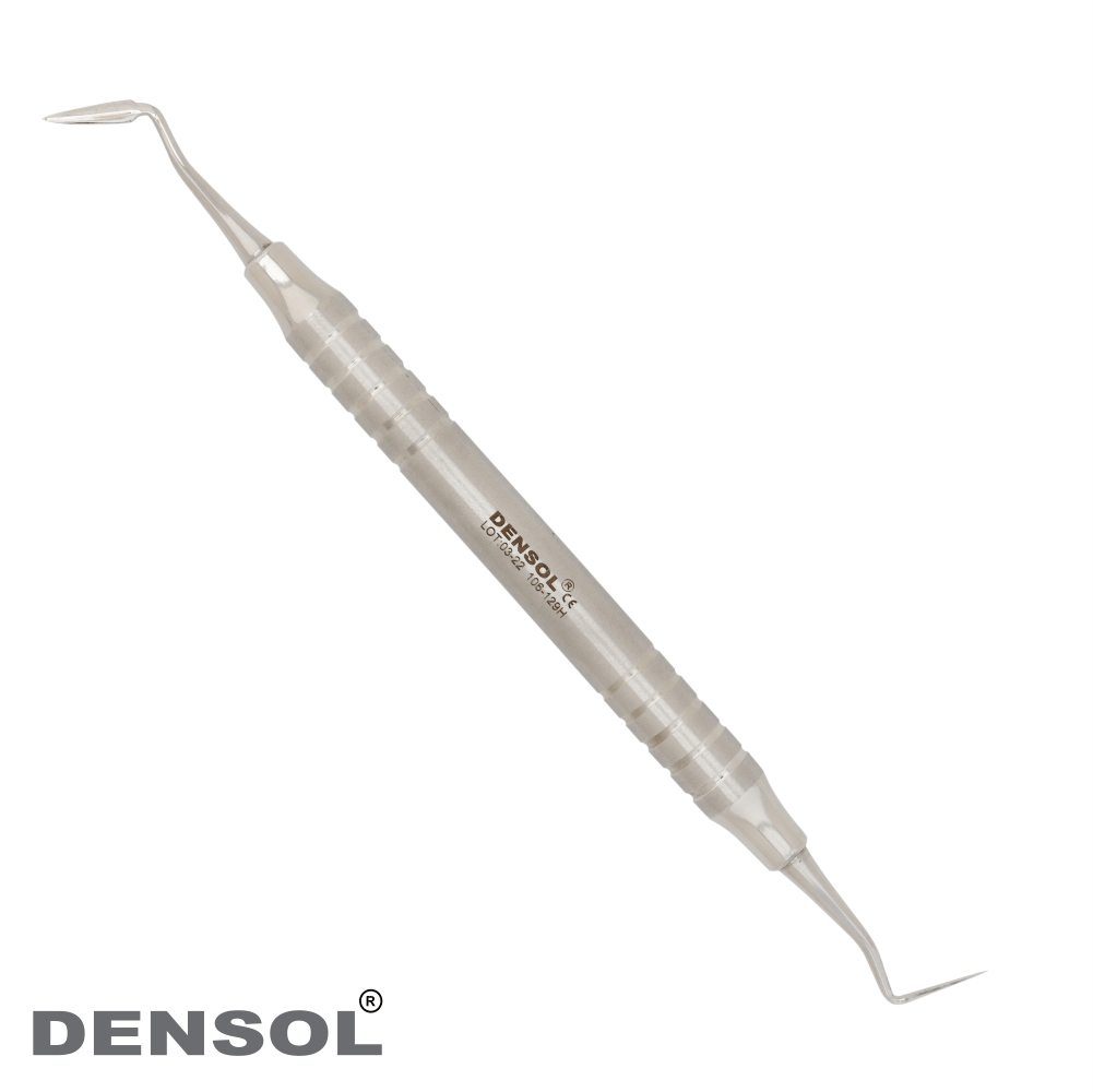 Dental Buck Knives 5/6 Gingivectomy instrument made of stainless steel, featuring a curved blade at one end and a pointed tip at the other. Designed for precise periodontal procedures, with textured grip for better control.