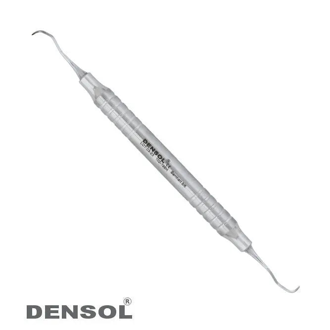 Barnhart 5/6 Sickle Scaler Universal dental instrument with silver metallic handle and curved ends for calculus removal, featuring Densol branding