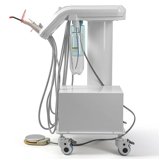 Portable Dental Mobile Cart Delivery Unit 4 Holes with Air Compressor Built-in Woodpecker Ultrasonic Scaler & Curing Light