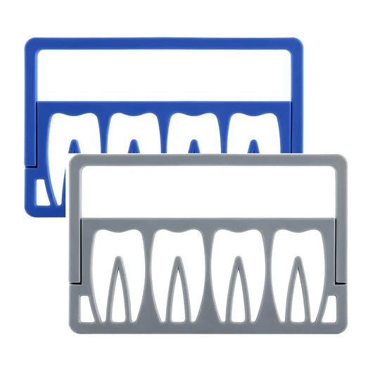 8 Holes Endodontic Root Canal File Drills Placement Disinfection Rack Stand shown in blue and grey, featuring tooth-shaped compartments for organizing dental instruments, with a handle for easy transport and storage