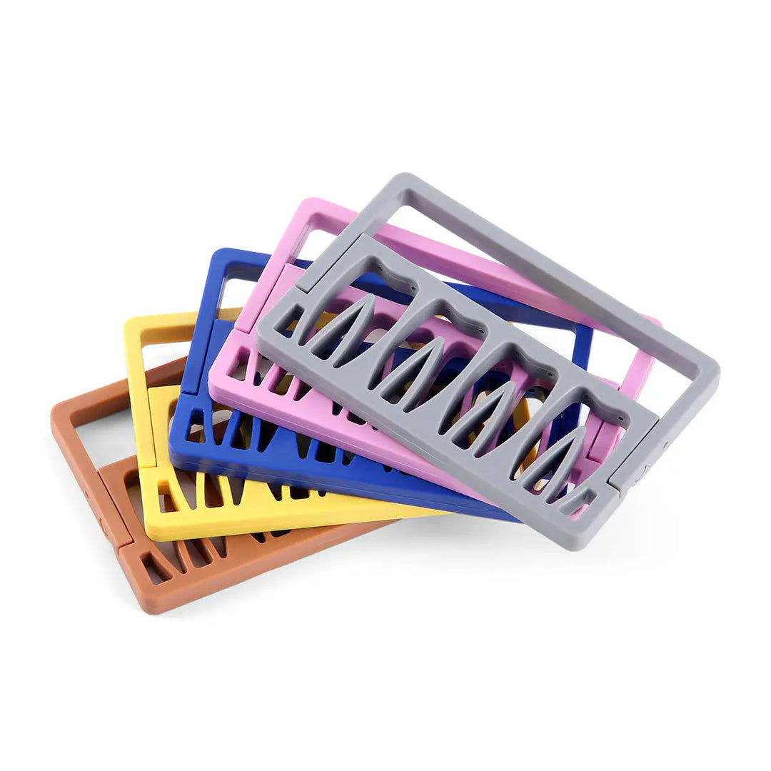 Colorful 8 Holes Endodontic Root Canal File Drills Placement Disinfection Rack Stand in various colors including gray, pink, blue, yellow, and brown, stacked on top of each other, showcasing the product's design and functionality for dental tool organization