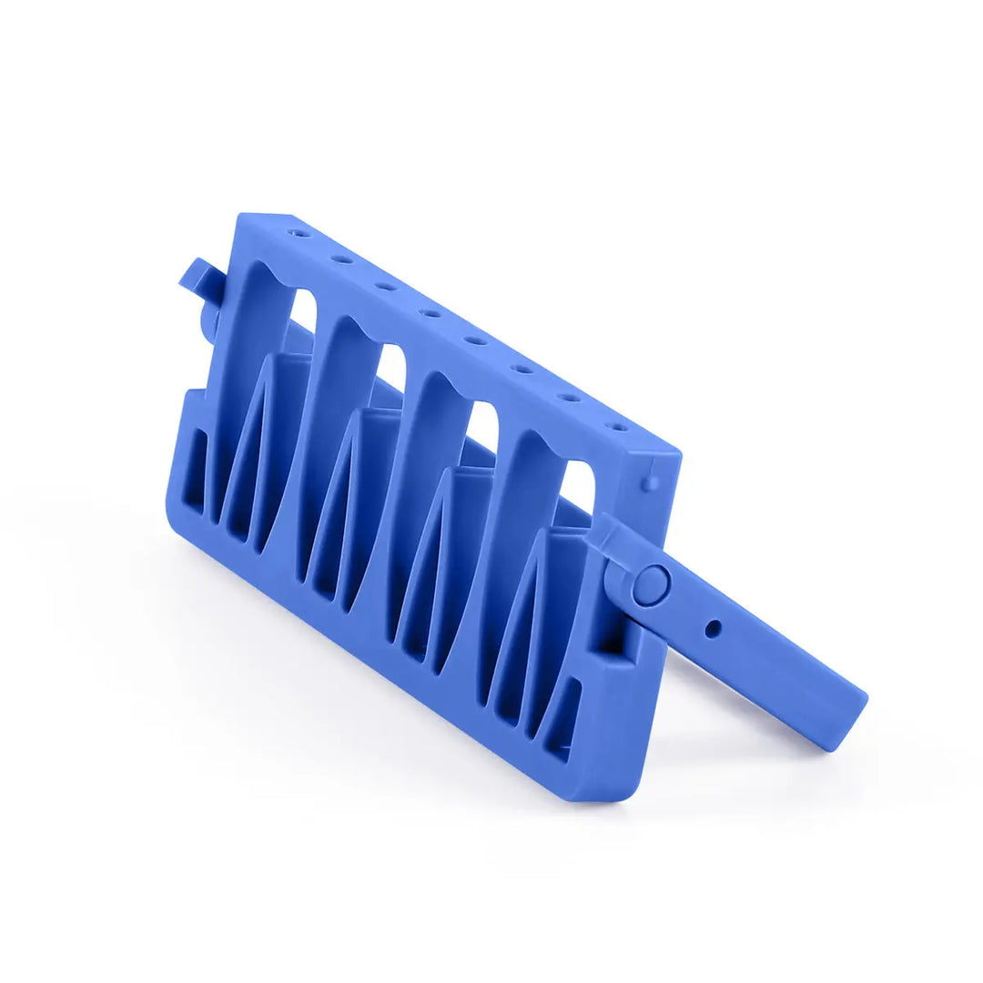 Blue 8 Holes Endodontic Root Canal File Drills Placement Disinfection Rack Stand with angled design for easy access, featuring multiple slots for organizing dental tools and a compact, portable structure for efficient use in dental procedures.