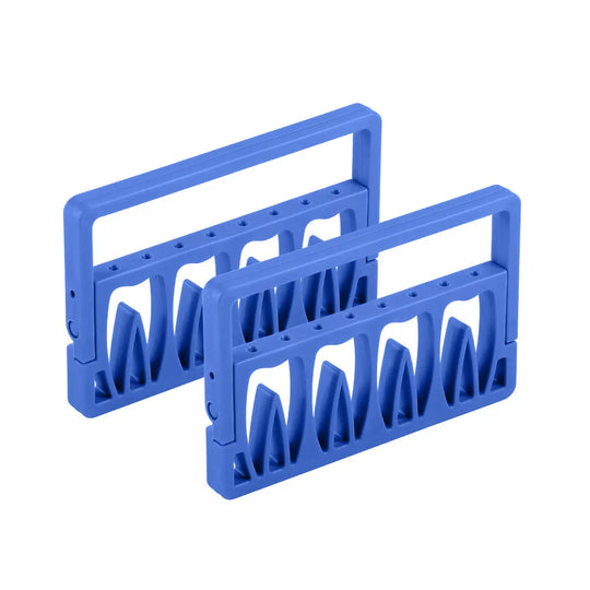 8 Holes Endodontic Root Canal File Drills Placement Disinfection Rack Stand in bright blue color. Two rectangular frames with multiple slots for organizing dental tools. Durable plastic construction with ergonomic design for easy handling and cleaning. Compact and efficient storage solution for dental practices.