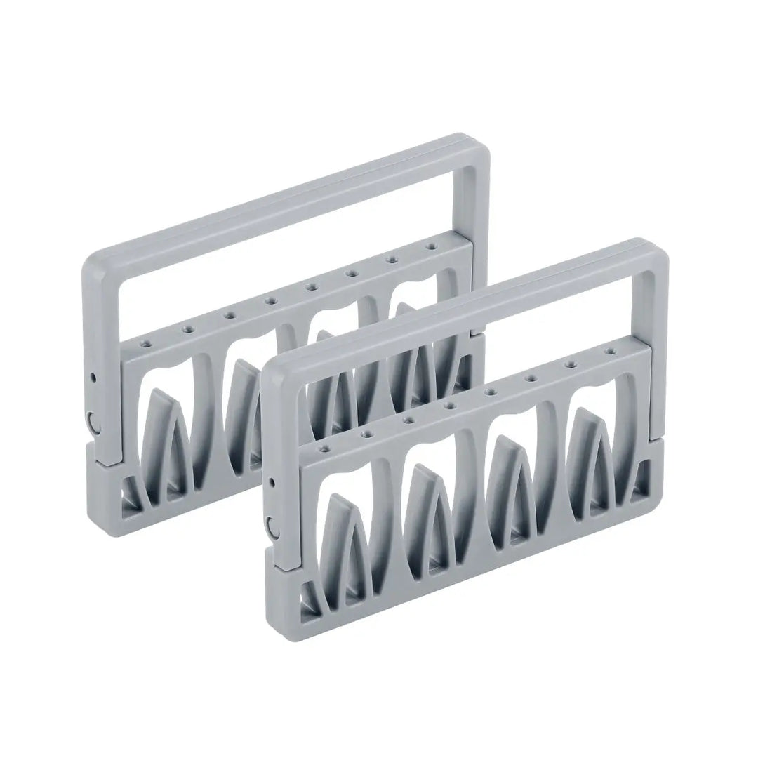 8 Holes Endodontic Root Canal File Drills Placement Disinfection Rack Stand: Two light gray plastic racks with multiple slots for organizing dental tools. Each rack features a handle and curved compartments for secure storage of endodontic files and drills.