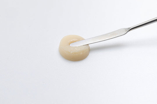 Dental instrument demonstrating the consistency and texture of TrusFIL Universal Composite Restorative material with a small beige-colored sample on a metal spatula against white background