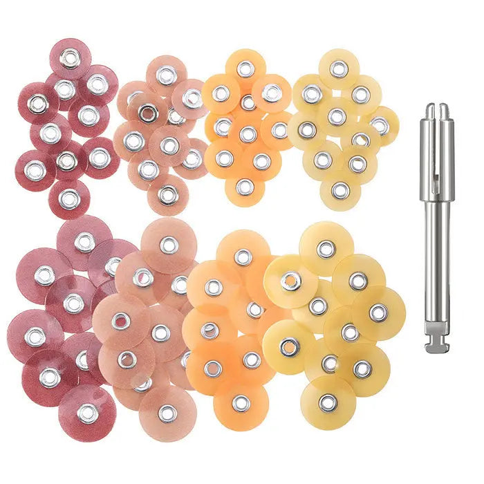 Dental Finishing & Polishing Discs set with color-coded discs in coarse, medium, fine, and superfine grits, including 1/2" and 3/8" sizes, and a 2.35mm mandrel for dental composite and ceramic restorations