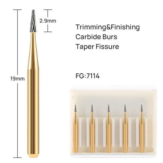 Dental FG Tungsten Carbide Burs Trimming & Finishing Taper Fissure 12 Fluted 5pcs/Box