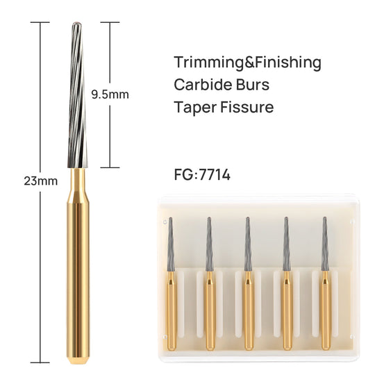 Dental FG Tungsten Carbide Burs Trimming & Finishing Taper Fissure 12 Fluted 5pcs/Box