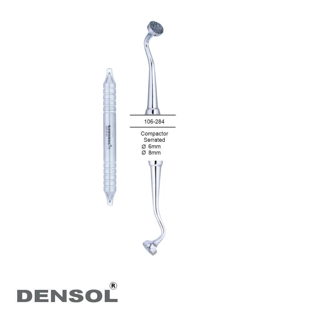 Bone Graft Packer Serrated 6mm/8mm dental instrument set featuring three stainless steel tools: a straight compactor, a curved compactor with serrated tip, and a double-ended compactor. Designed for precise bone graft material placement in dental implant procedures.