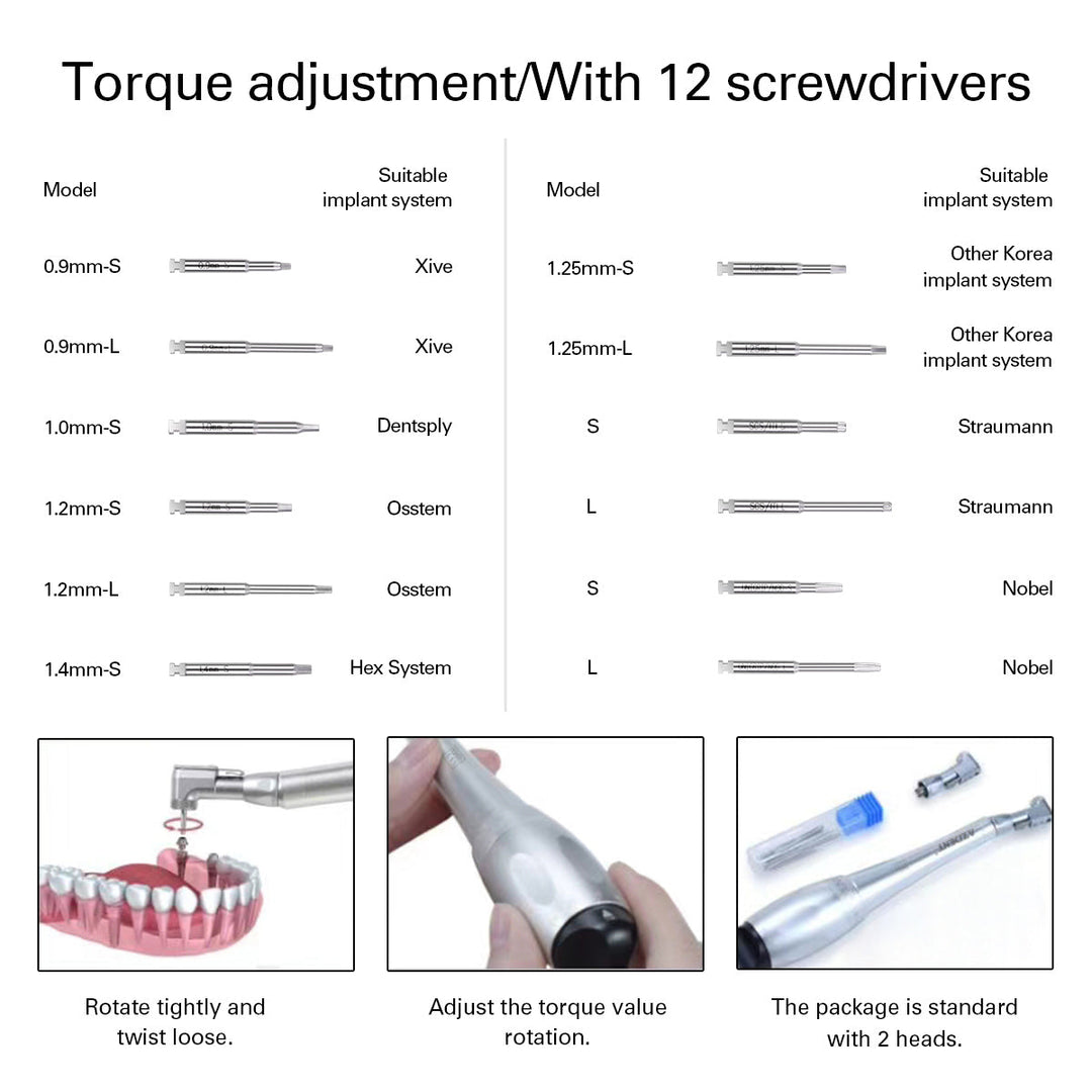 Dental Universal Implant Torque Wrench Handpiece 2 Heads & 12 Drivers Kit