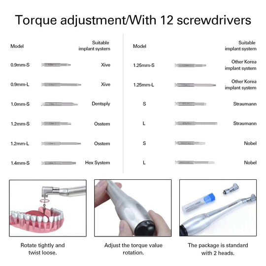 Dental Universal Implant Torque Wrench Handpiece 2 Heads & 12 Drivers Kit