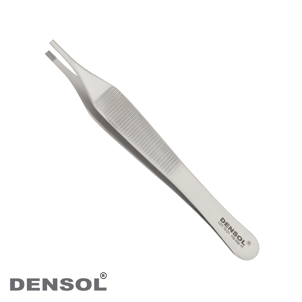 Adson Brown Tissue Forceps 12 cm, stainless steel medical instrument with serrated handle and fine-toothed tips for precise tissue handling, manufactured by Densol, displayed on white background