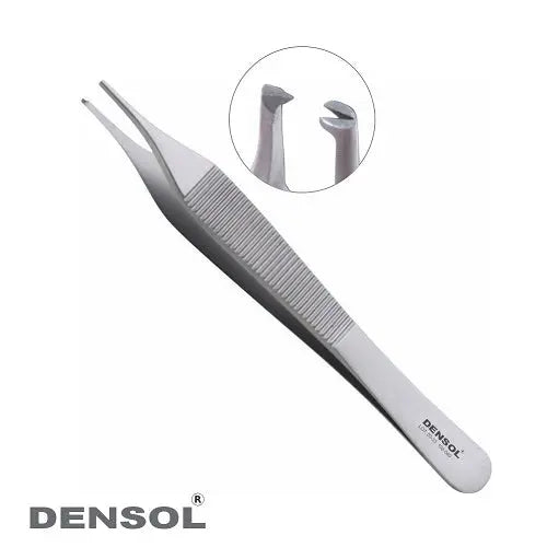 Adson Kocher Tissue Forceps 11cm with 1x2 teeth, stainless steel surgical instrument for secure tissue grasping. Close-up of forceps with textured handle and magnified view of precise tip design.