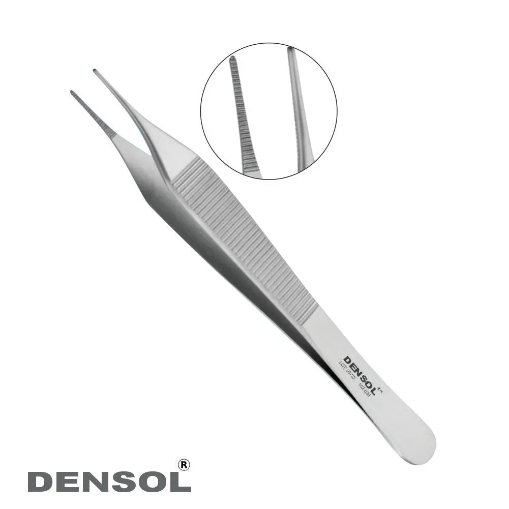 Adson Micro Dressing Forceps 12 cm, stainless steel surgical instrument with serrated tips for precise grip, shown in full view with magnified detail of serrated ends. Professional-grade medical tool for delicate procedures.