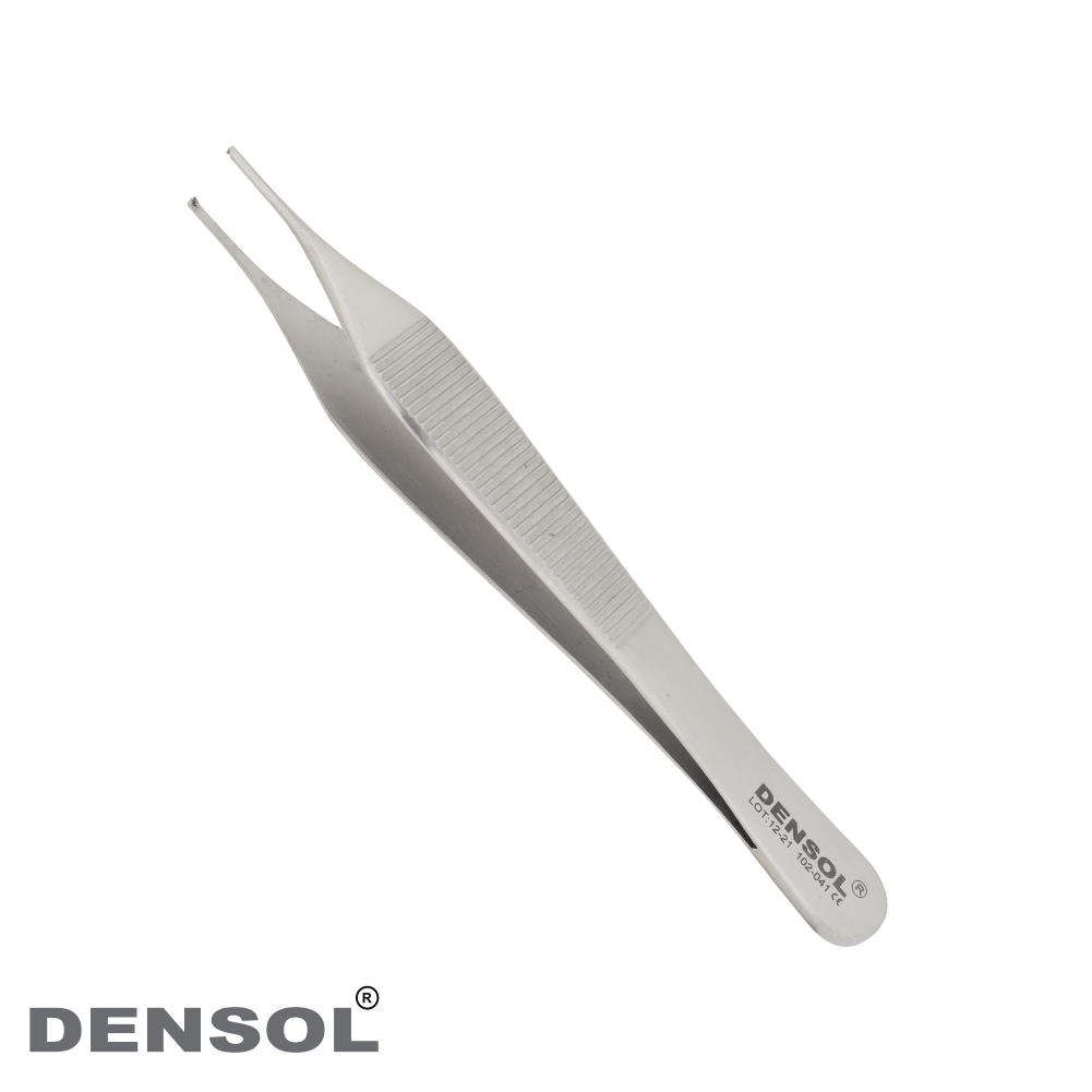 Adson Micro Tissue Forceps 12cm, stainless steel surgical instrument with fine-tipped jaws for precise tissue handling, featuring textured grip and Densol branding on handle