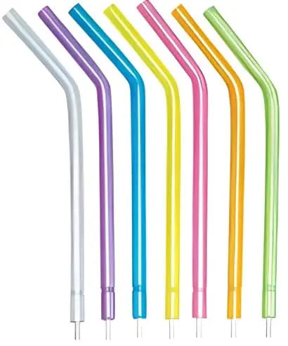 Colorful Air Water Syringe Tips in various vibrant hues, including white, purple, blue, yellow, pink, orange, and green, arranged in a row showcasing their curved design for dental procedures