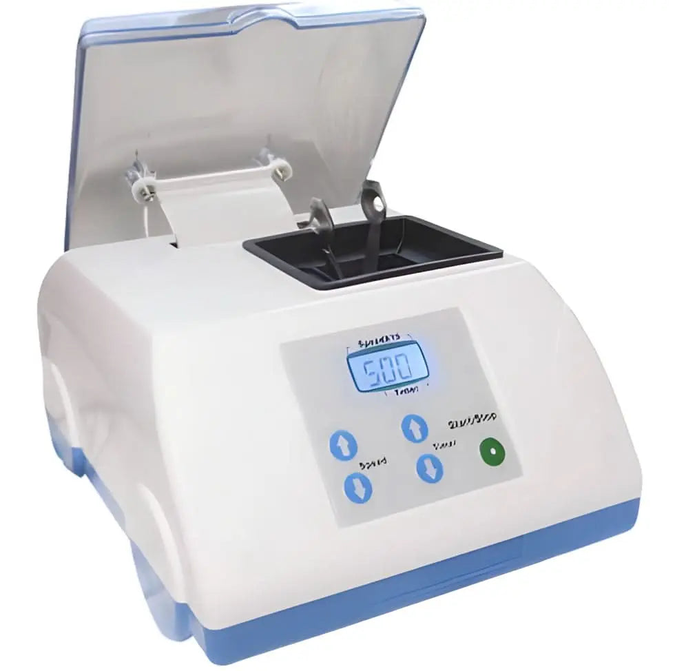 Amalgamator / Amalgam Mixer G8 with digital LCD display, white and blue ergonomic design, open lid showing mixing chamber, control panel with timer and speed settings, compact dental laboratory equipment for efficient amalgam preparation