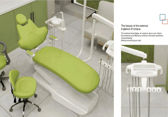 Modern Ambidextrous Dental Chair in vibrant green upholstery, featuring adjustable positioning, integrated dental tools, and sleek white equipment stand. Showcases ergonomic design for both patient comfort and practitioner efficiency in a clean, contemporary dental office setting.