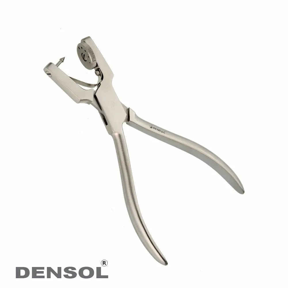 Anisworth Rubber dam punch forceps with 5 holes, made of stainless steel. Professional dental instrument for creating precise holes in rubber dams. Sleek design with curved handles for comfortable grip and efficient operation.