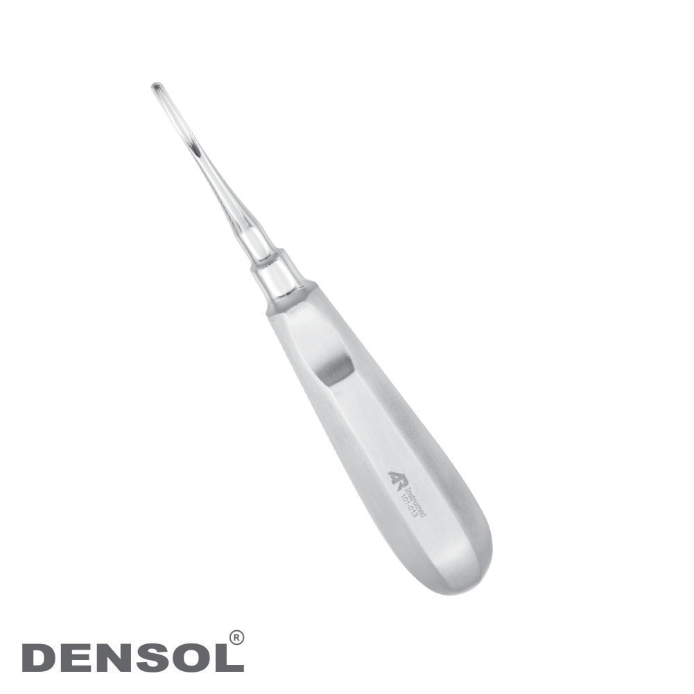 Apical Root Elevator 304 4.0mm dental instrument with stainless steel tip and handle, used for tooth extraction, displayed against white background, showcasing its sleek design and professional-grade quality