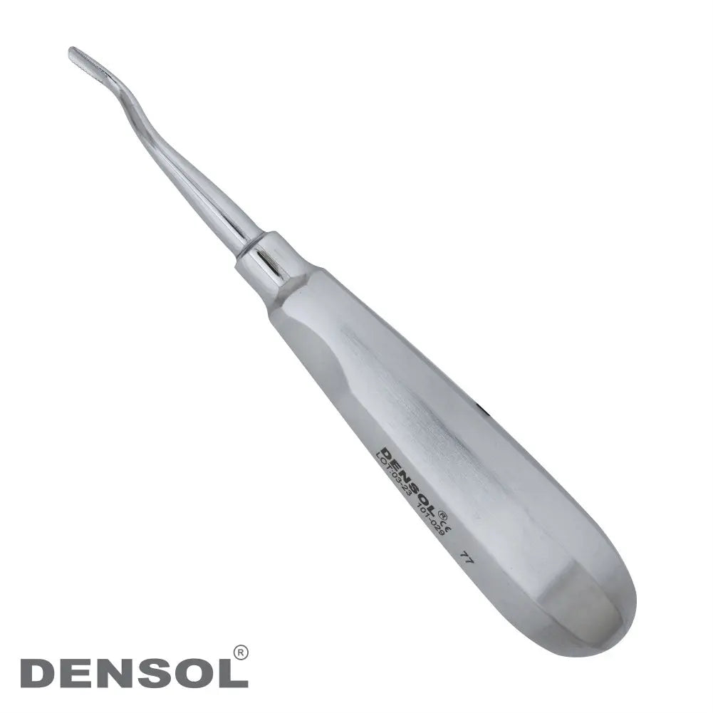 Apical Root Elevator #77 dental instrument with curved tip and ergonomic handle, made of stainless steel for wisdom teeth extraction, featuring Densol brand name on smooth silver-colored body