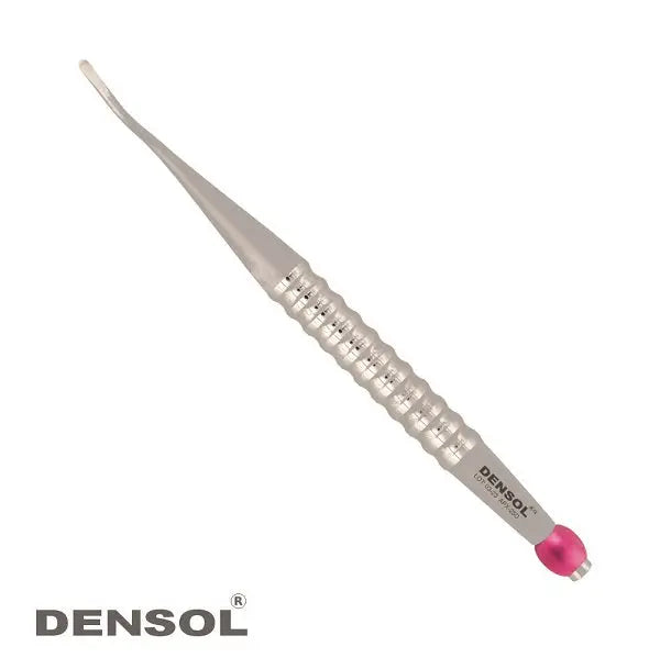 Approximal Distal Root Elevator 2.5mm: Narrow, stainless steel dental instrument with textured handle and curved tip for precise tooth extraction and root removal. Features DENSOL branding and pink end cap.