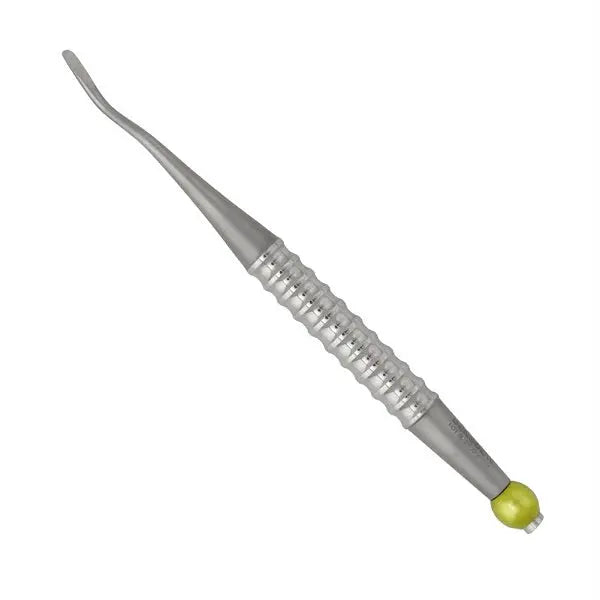 Approximal Distal Root Elevator 3.7mm with stainless steel handle and tip, featuring a textured grip and curved end for precise dental procedures. TGA approved instrument for effective root removal and periodontal space management.