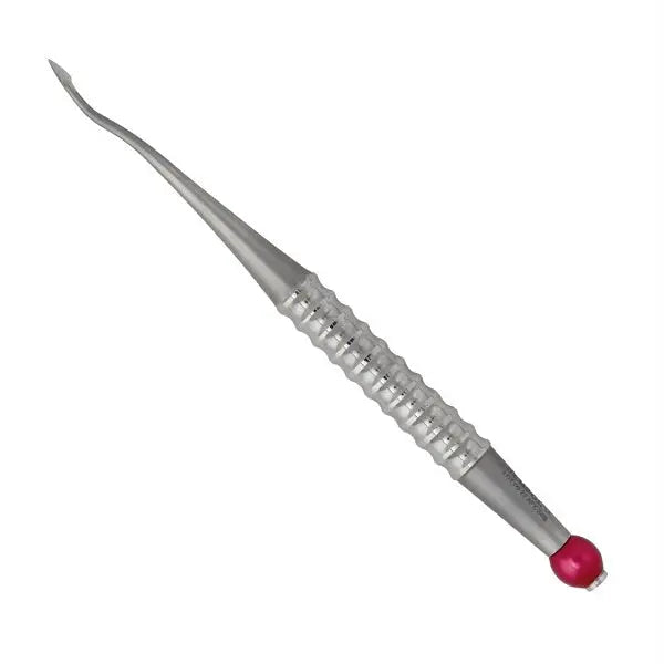 Approximal Distal Spade Root Elevator 4mm with stainless steel handle and tip, featuring a fine point for distal and lingual application in dental procedures. Instrument has a textured grip and red end cap for easy identification.