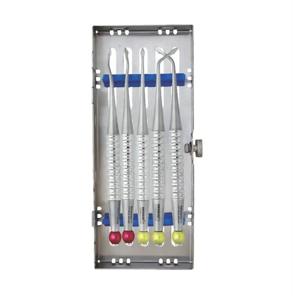 Approximal Elevators Set of 5 in sterilization cassette, displaying various dental instruments with colorful handles for periodontal surgery, including spade, distal, mesial, straight, left, and right elevators made of high-quality stainless steel