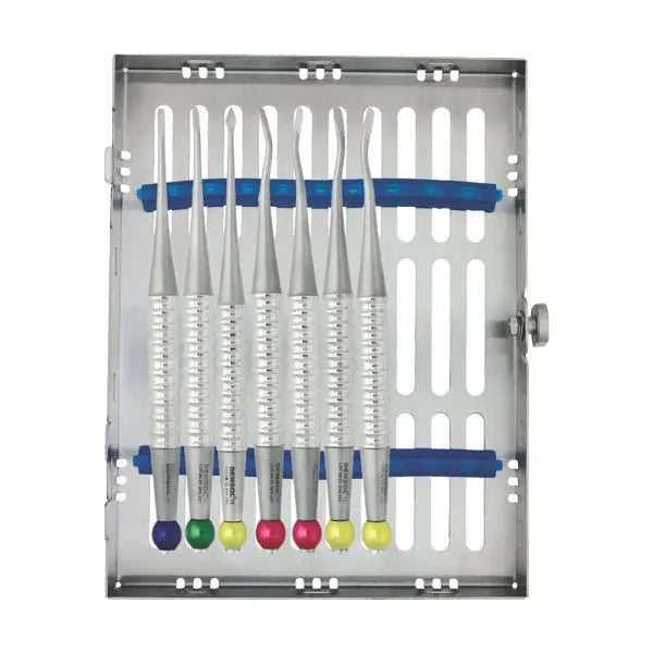 Approximal Elevators Set of 7 displayed in a sterilization cassette with color-coded handles. Dental instruments for periodontal procedures, featuring various sizes and shapes for precise tooth extraction and alveolar expansion.