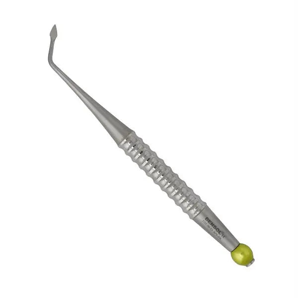 Approximal Left Spade Root Elevator 4mm dental instrument with textured stainless steel handle, angled shaft, and spade-shaped tip for precise root extraction in mandibular molar area, featuring a yellow protective tip cover