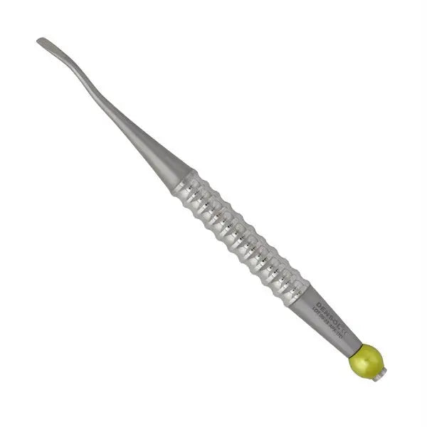 Approximal Mesial Root Elevator 3.7mm with stainless steel tip and handle, featuring a textured grip and curved end for precise dental work. Green rubber stopper visible at base of instrument.