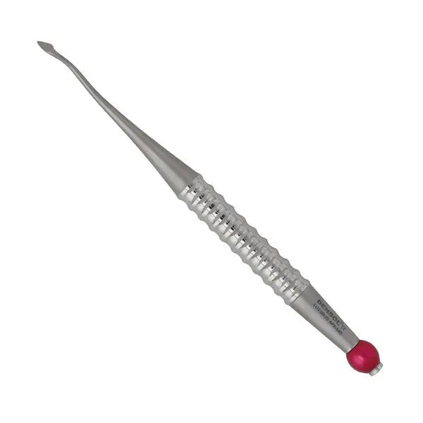 Approximal Mesial Spade Root Elevator 4mm: Stainless steel dental instrument with textured handle, slender shaft, and angled spade-shaped tip for precise root extraction. Features a red end cap for easy identification and ergonomic design for comfortable use during dental procedures.