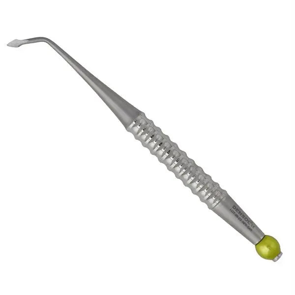 Approximal Right Spade Root Elevator 4mm dental instrument with stainless steel handle, textured grip, and curved tip for precise root extraction, featuring a green end cap for easy identification