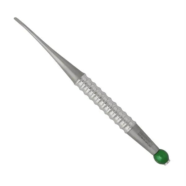 Approximal Root Elevator 2.5mm Curved, stainless steel dental instrument with narrow tip, textured grip handle, and green end cap for precise root tip extraction and periodontal work