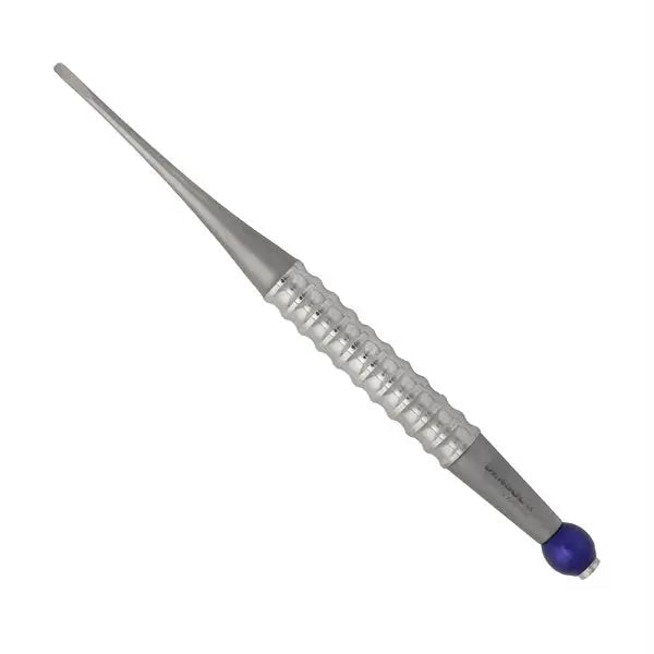 Approximal Root Elevator 2.5mm Straight dental instrument with narrow tip, textured grip handle, and blue end cap, designed for precise periodontal procedures and PDL severing in tight spaces