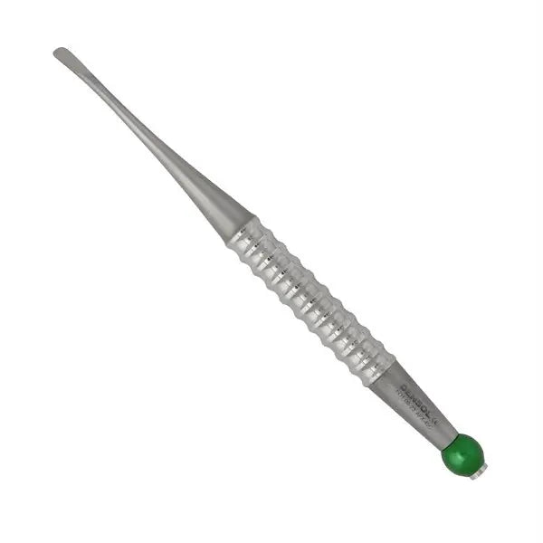 Approximal Root Elevator 4.5mm Curved: Stainless steel dental instrument with narrow curved tip for precise root elevation in tight periodontal spaces. Textured ergonomic handle with green end for grip and identification.