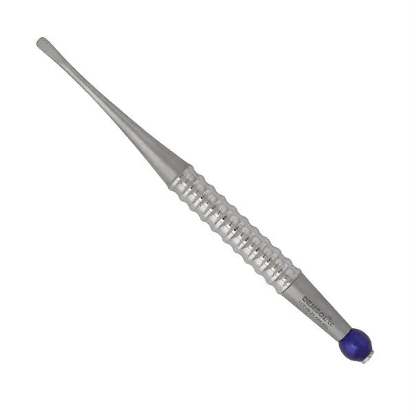 Approximal Root Elevator 4.5mm Straight dental instrument with stainless steel handle, textured grip, and narrow tip for precise periodontal work, featuring a blue end cap for easy identification