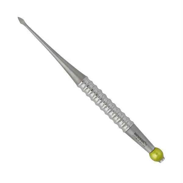 Approximal Spade Root Elevator 4mm Straight: Dental instrument with thin, sharpened stainless steel tip for precise sulcular retraction and PDL space engagement. Features textured handle for grip and yellow end cap for identification.