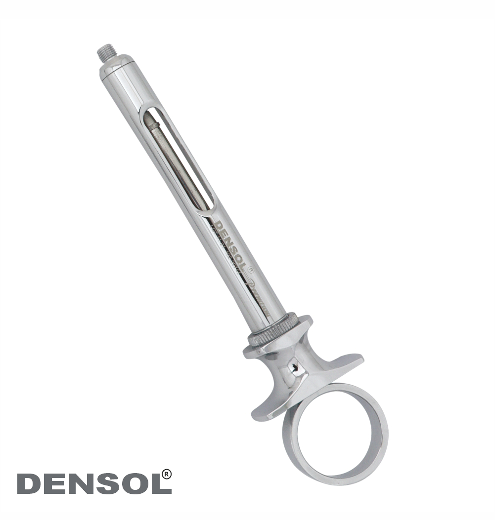 Aspirating Dental Syringe A Type 2.2 ml, stainless steel dental instrument with thumb ring style handle, elongated barrel, and plunger mechanism for precise fluid control in dental procedures. Durable and professional-grade design for dental practitioners.