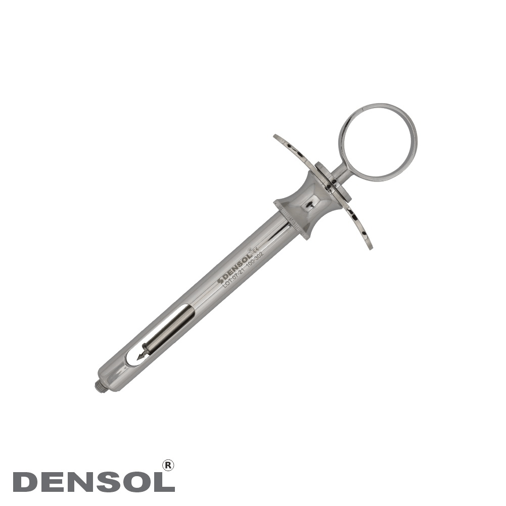 Aspirating Syringe Thumb Ring Style 2.2 ml: Stainless steel dental instrument with circular thumb ring, cylindrical barrel, and plunger mechanism for precise aspiration and injection. Durable medical-grade construction for professional use in dental procedures.