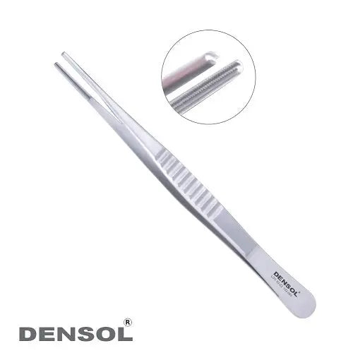 Atraumatic DeBakey Tissue Forceps 15cm - Stainless steel surgical instrument with serrated tips for delicate tissue handling, featuring a close-up view of the precision-engineered gripping surface. Densol brand logo visible on handle.