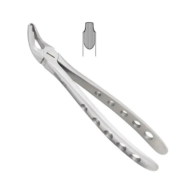 Atraumatic Extraction Forceps Lower F2 Universal Adult with tapered narrow beak, blue plasma coating, and hole-patterned handle for firm grip. Made of stainless steel, designed for lower teeth extraction. Diagram shows forceps design.