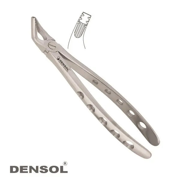 Atraumatic Extraction Forceps Lower Molars #21 with anatomical handle, lightweight design, and holes for improved grip. Made of AISI 410 Japanese Stainless Steel. Specialized beak geometry for optimal access and engagement during tooth extraction.