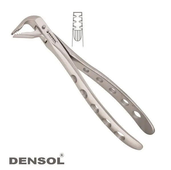 Atraumatic Extraction Forceps Lower Premolars #36: Stainless steel dental tool with ergonomic design, featuring lightweight handle with holes for grip and specialized beak for optimal tooth extraction. Includes diagram of forceps tip.