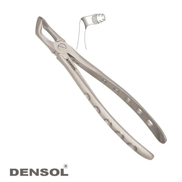 Atraumatic Extraction Forceps Lower Wisdom #79A: Stainless steel dental instrument with anatomical handle, lightweight design, and optimal beak geometry for precise tooth extraction, shown alongside a simplified diagram of a tooth.