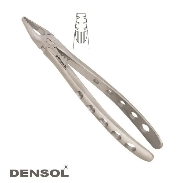 Atraumatic Extraction Forceps Upper Incisors #34: Stainless steel dental instrument with curved beaks and anatomical handle featuring holes for lightweight design and enhanced grip. Includes diagram showing forceps' shape and beak geometry for optimal tooth extraction.